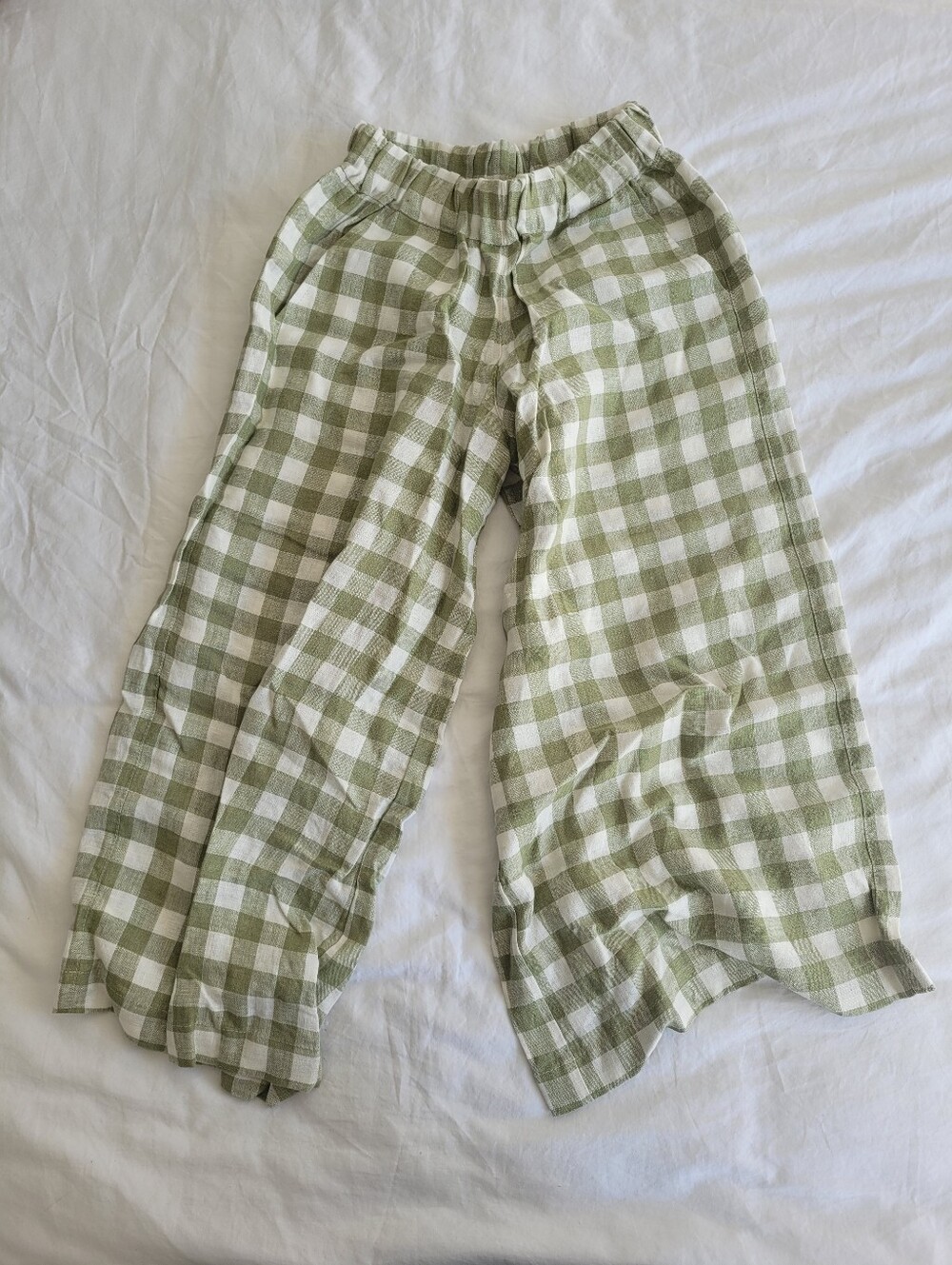 NPL Green and White Linen Gingham Wide-Leg Pants